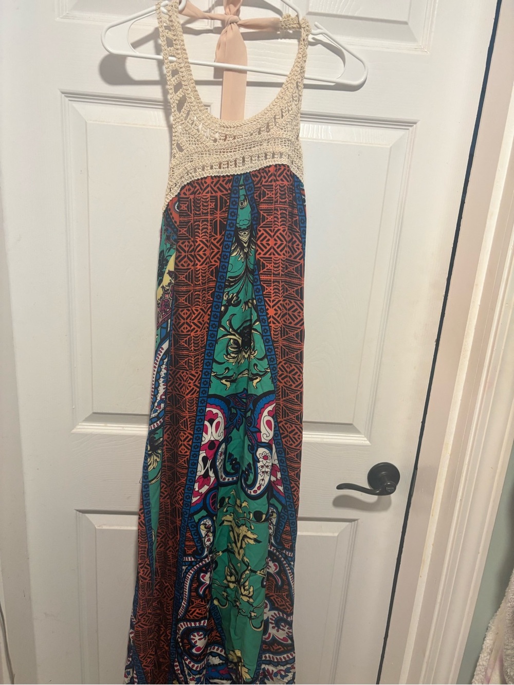 Flying Tomato Crochet-Top Maxi Dress in Cream and Teal